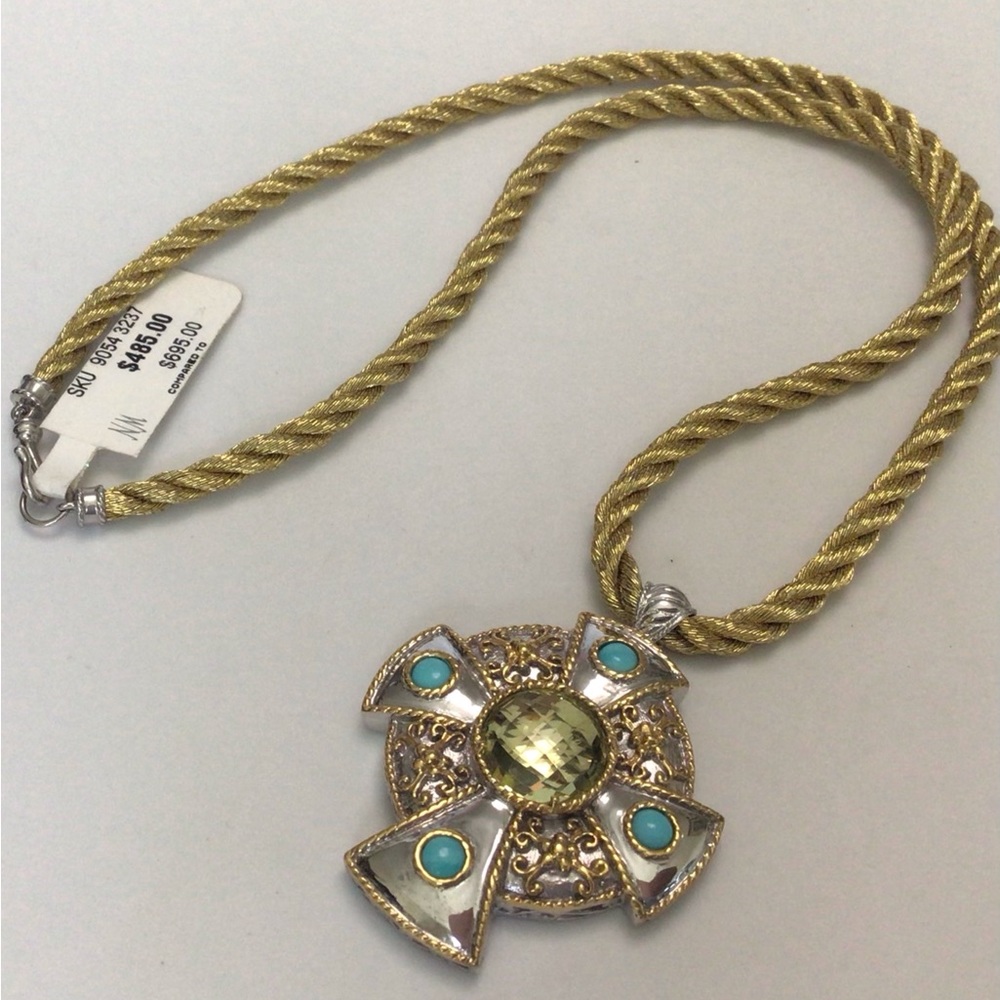 Delatori Sterling Silver and Citrine Pendant on Gold Cord Necklace NWT
